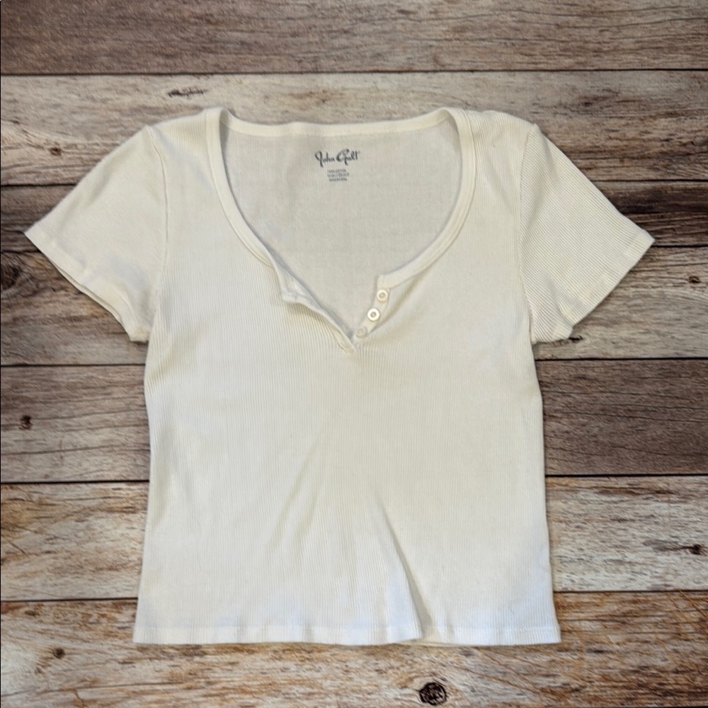 Brandy Melville White V neck Short Sleeve Tee